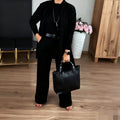 Solid-Color Crew-Neck Long-Sleeve Top And Comfy Belted Pants Set 3-Piece Women's Outfit