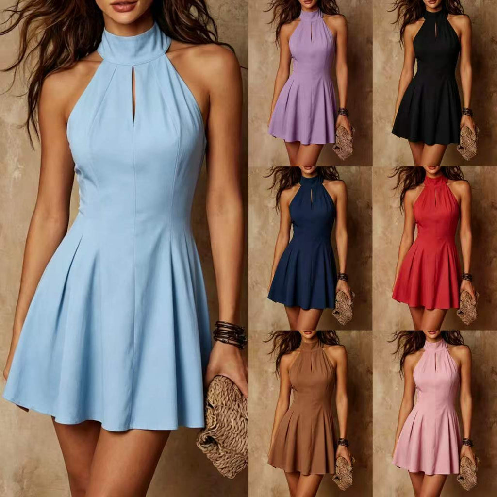 Women's Backless Halter-Neck Lace-Up Slim-Fit Solid-Color Dress