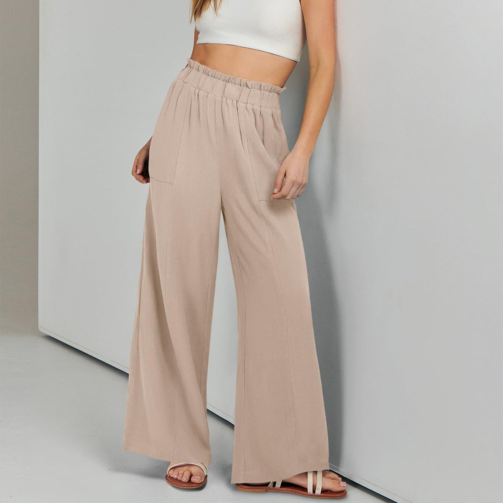 Solid-Color High-Waisted Loose-Fit Casual Wide-Leg Pants