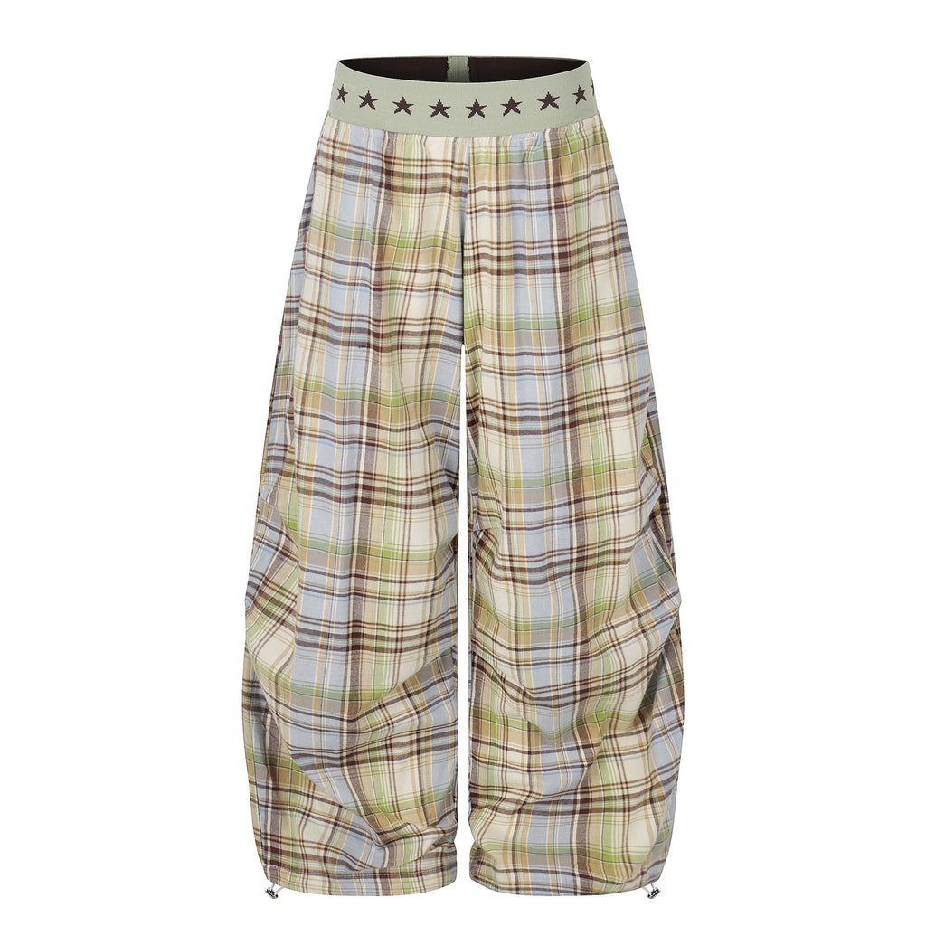Starry-Waist Loose-Fit Drawstring Ankle-Tie Wide-Leg Straight-Leg Trousers