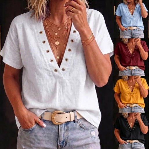 Women's Loose-Fit Casual V-Neck Short-Sleeve Solid-Color Shirt