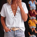 Women's Loose-Fit Casual V-Neck Short-Sleeve Solid-Color Shirt