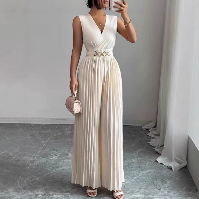 French-Style Blazer-Collar Jumpsuit Chic Solid-Color V-Neck