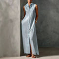 Women's Minimalist Linen-Blend Hooded Sleeveless Single-Breasted Maxi Dress