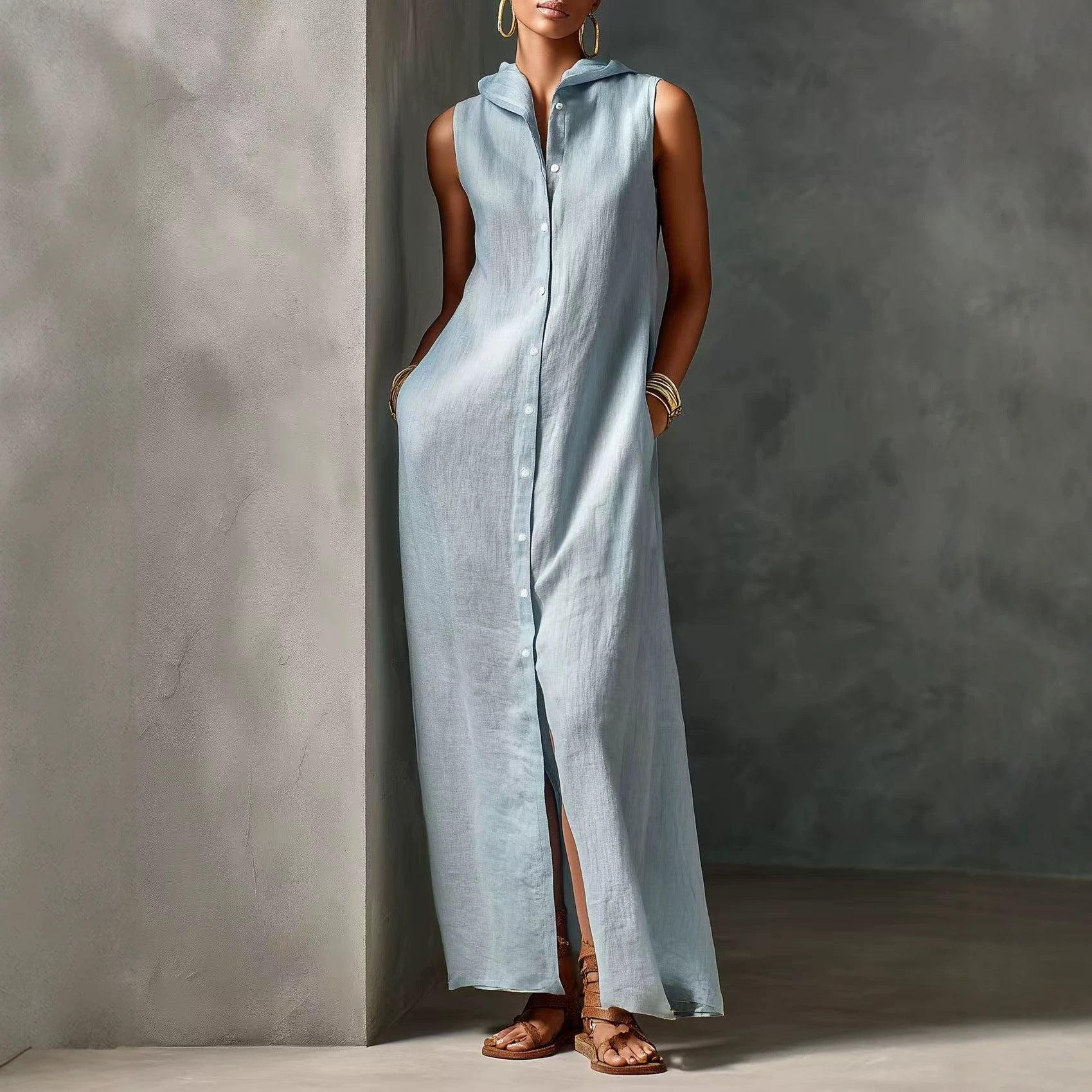 Women's Minimalist Linen-Blend Hooded Sleeveless Single-Breasted Maxi Dress