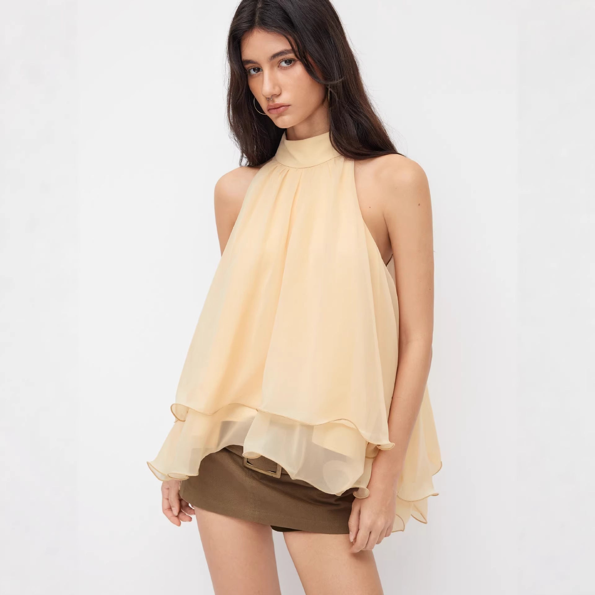 Off-Shoulder Halter-Neck Loose-Fit Chiffon Blouse With Ruffled Hem