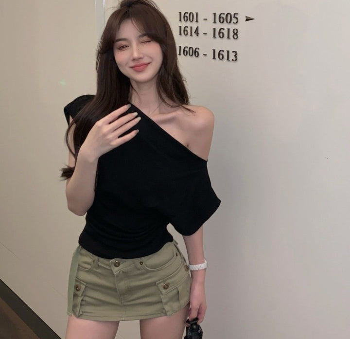 Off-Shoulder Sweet-And-Spicy Slash-Neck Figure-Flattering Cropped Top