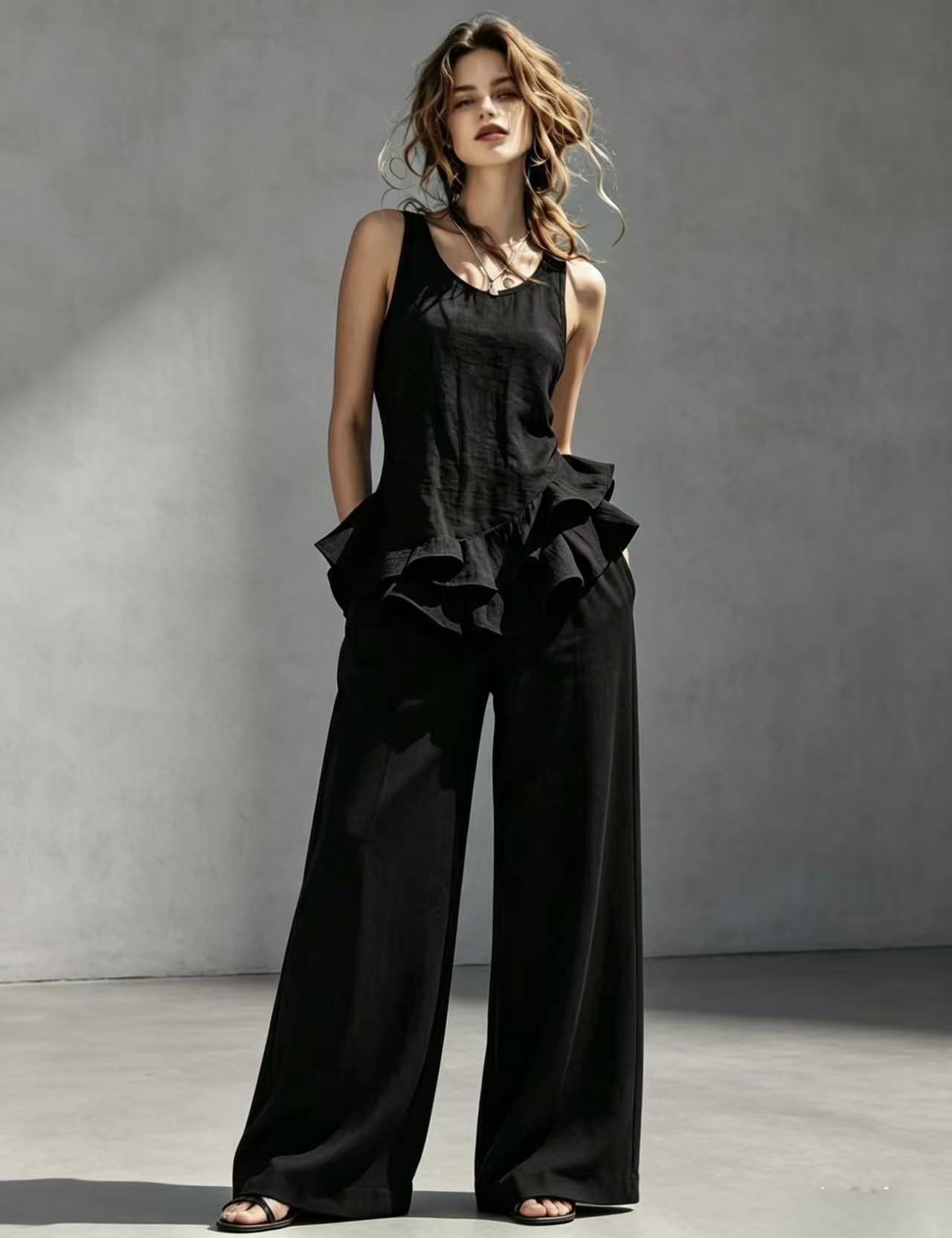 Sleeveless Ruffle Hem Top & High-Waisted Wide Leg Pants Two-Piece Set