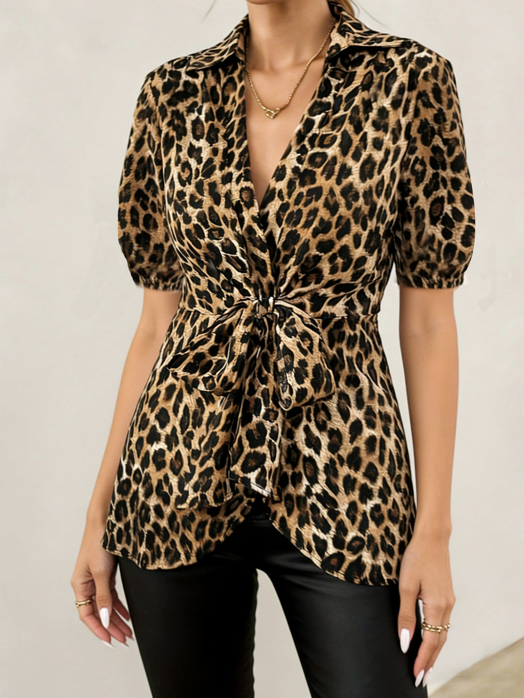 Women's Short-Sleeved Lace-Up Top Leopard-Print Blouse