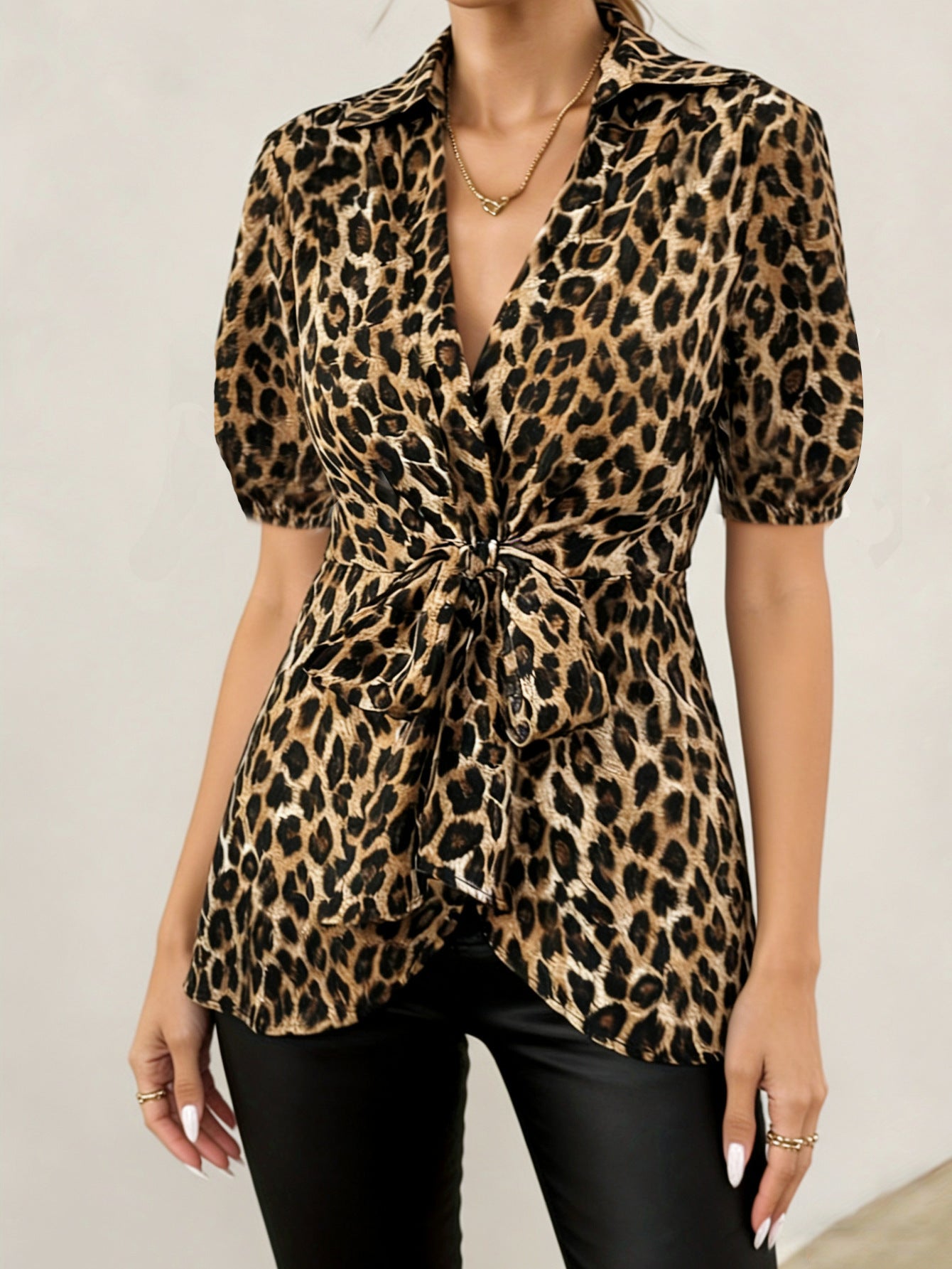 Women's Short-Sleeved Lace-Up Top Leopard-Print Blouse