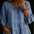 V-Neck Three-Quarter-Sleeve Pleated Cotton-Linen Blouse Top