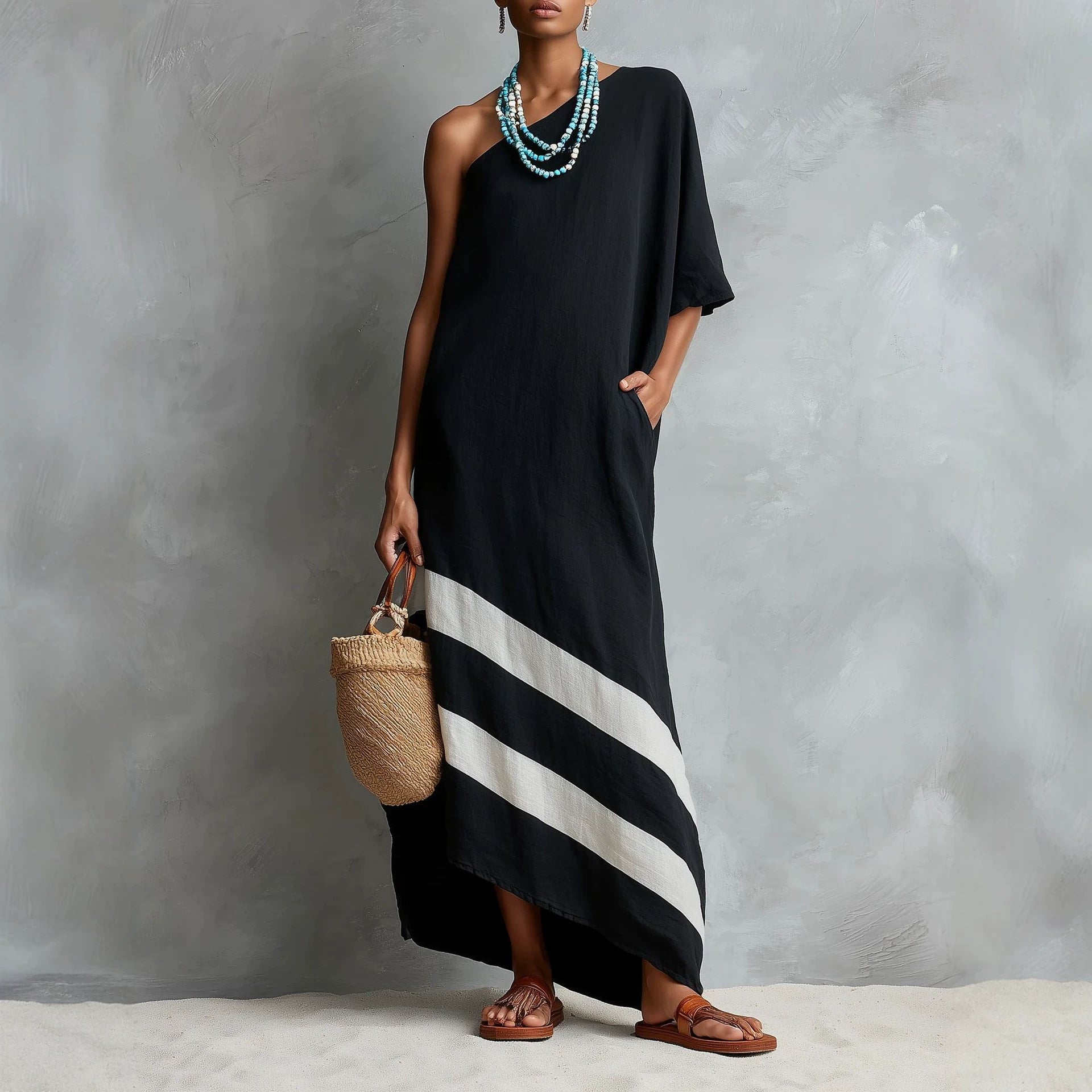 Women's Minimalist Contrasting-Color Linen-Blend Long Loose-Fit One-Shoulder Dress