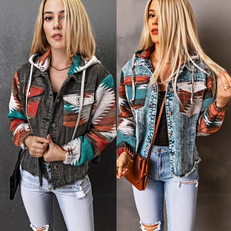 Retro Jacket With Hood And Pockets Denim Patchwork Contrast-Color Coat