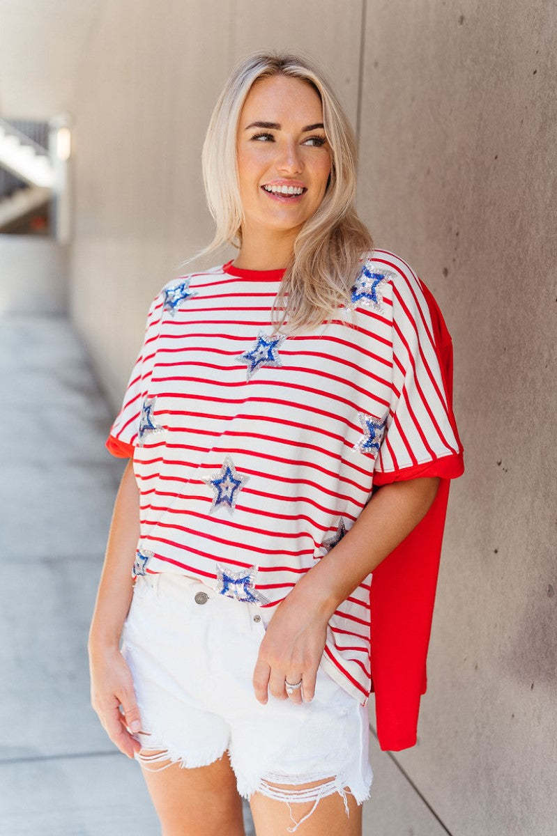 Sequin Star-Striped Short-Sleeve Top Loose-Fit T-Shirt