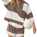Color Block Half Zip Collar Knit Top & Casual Shorts Two-Piece Outfit