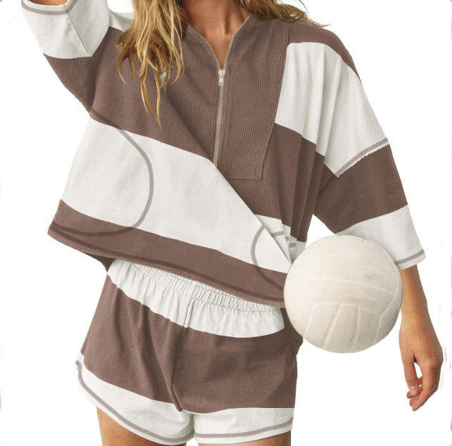 Color Block Half Zip Collar Knit Top & Casual Shorts Two-Piece Outfit
