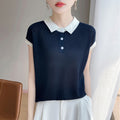 Color-Block Polo-Neck Short-Sleeve Women's Lyocell Knitted T-Shirt