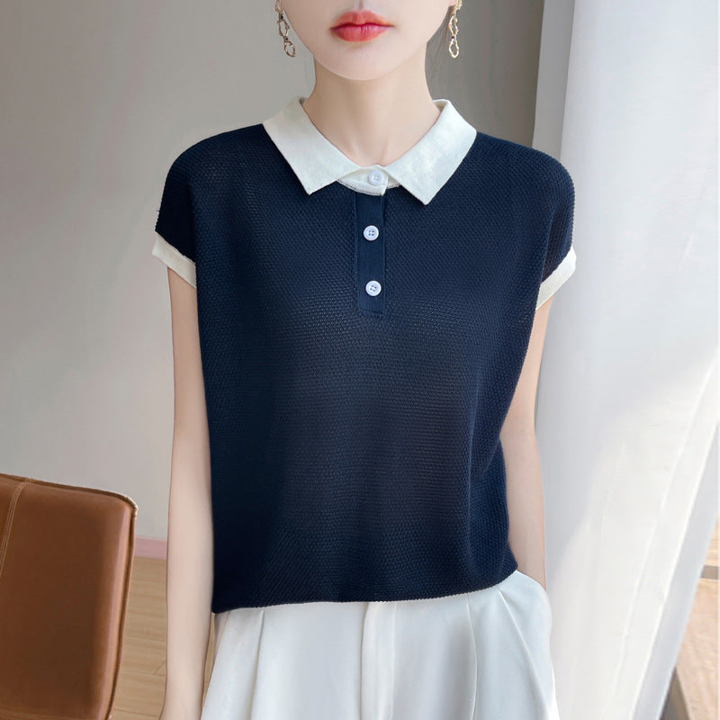 Color-Block Polo-Neck Short-Sleeve Women's Lyocell Knitted T-Shirt