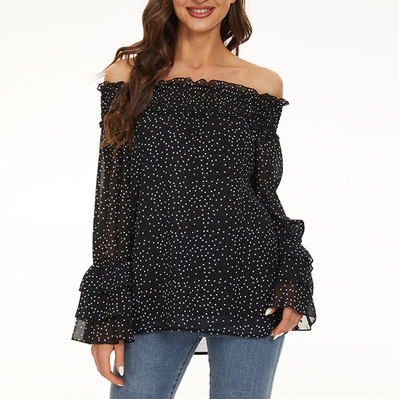 Off-Shoulder Casual Long-Sleeve Chiffon Top With Polka Dots
