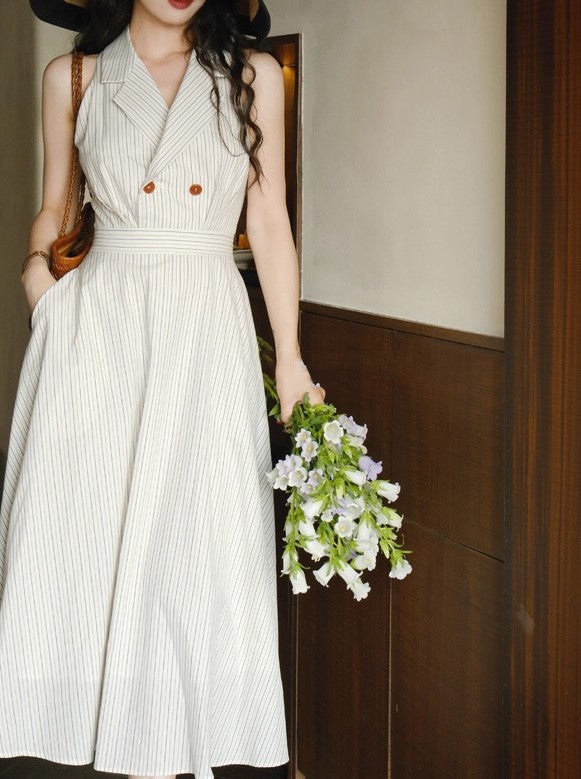 Retro Halter-Neck Waist-Cinched Striped Shirt Dress