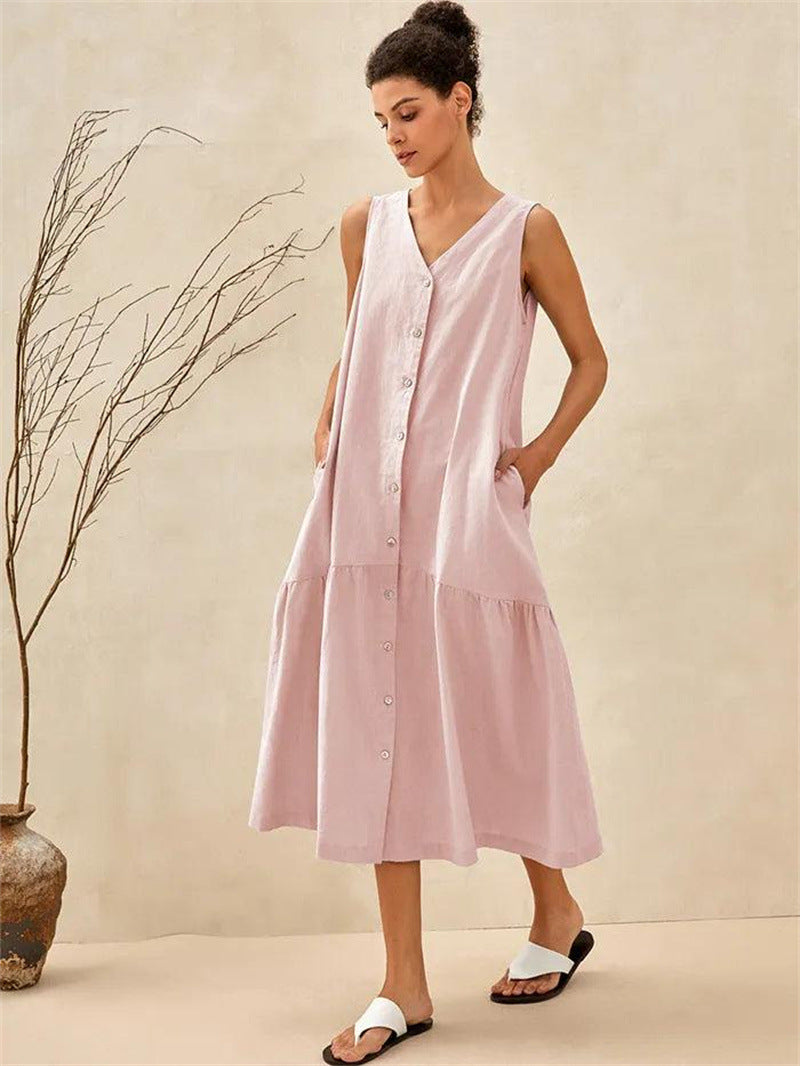V Neck Sleeveless Button Down Loose Linen Blend Tiered Midi Dress