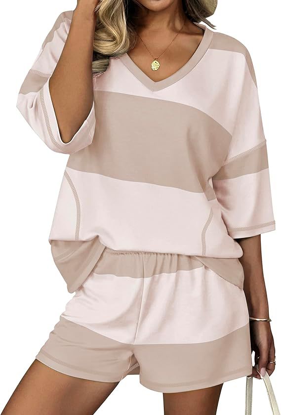 Color Block Striped V-Neck Top & Elastic Waist Shorts Two Piece Outfit
