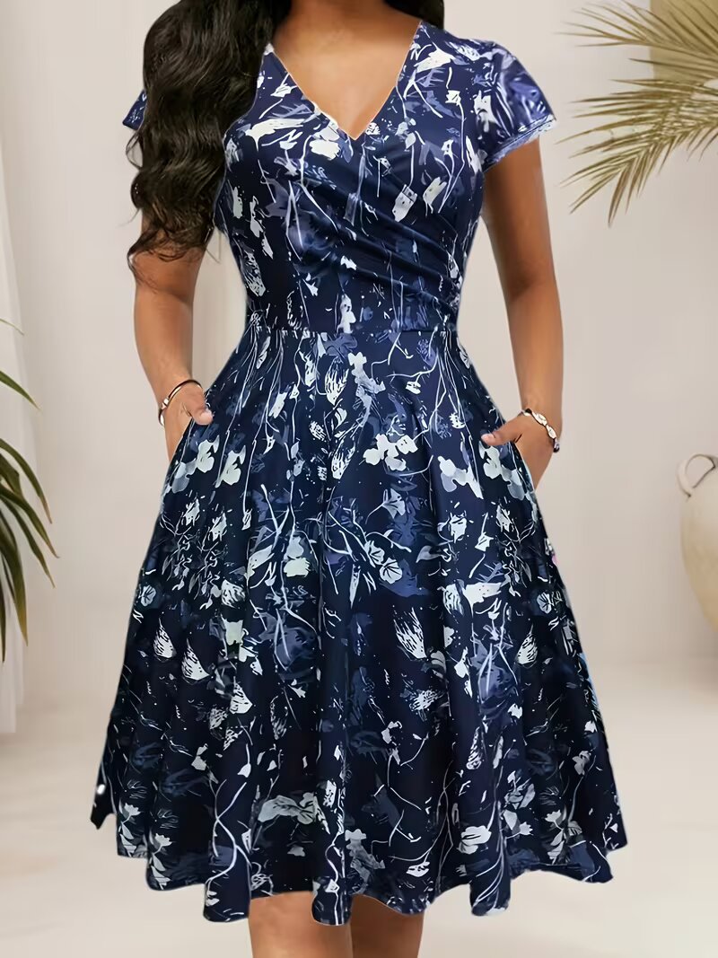 Women's Floral Waist Cinched Short Sleeve V Neck Dress