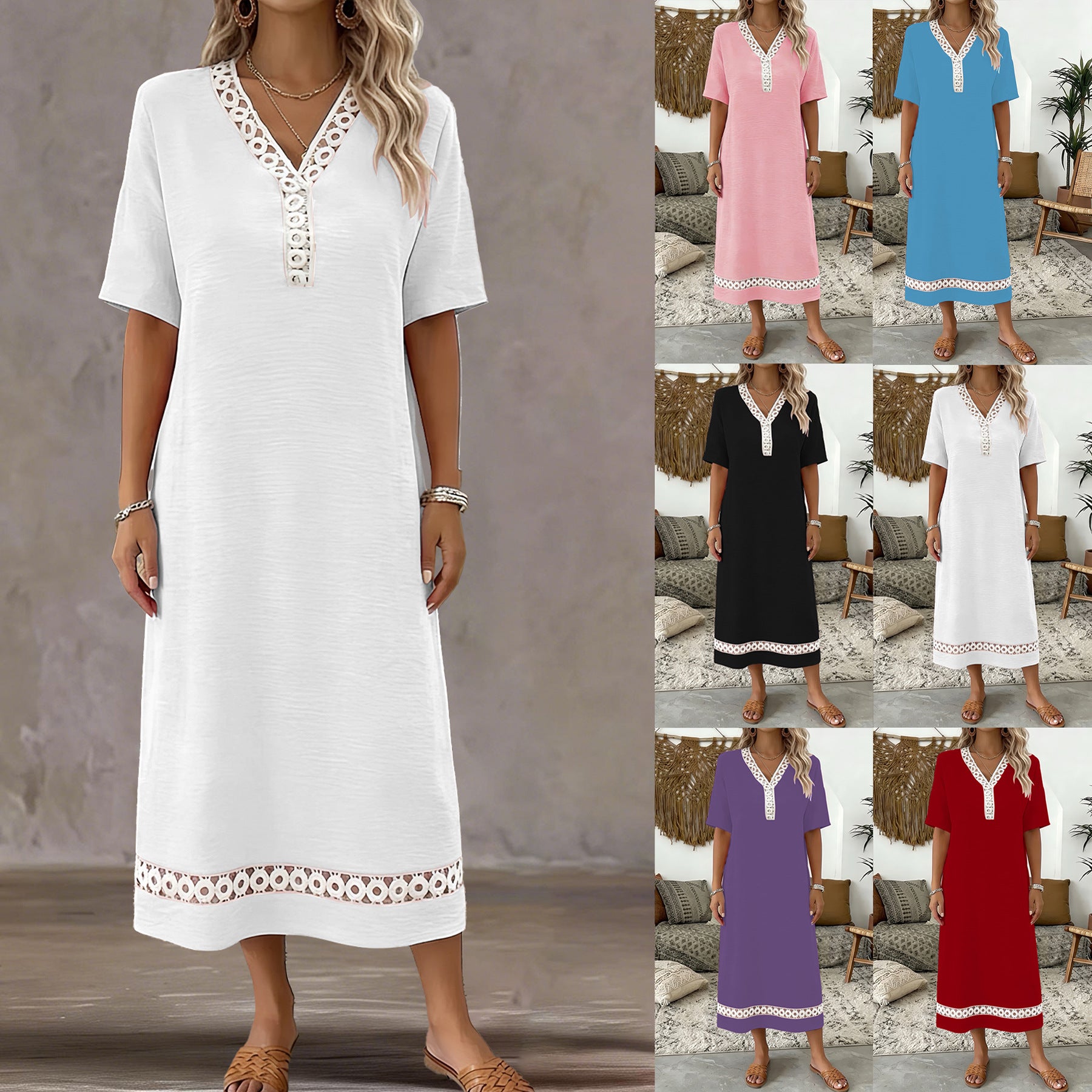 Fashionable And Elegant Lace-Panel Women's Long-Sleeve Midi Dress For Summer