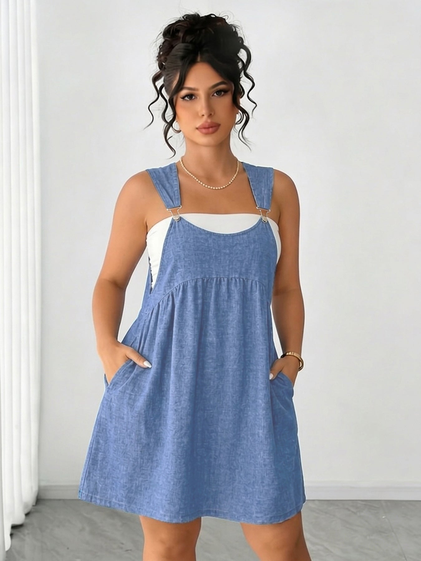Loose-Fit Suspender Dress Short Skirt Faux Denim Suspender Skirt