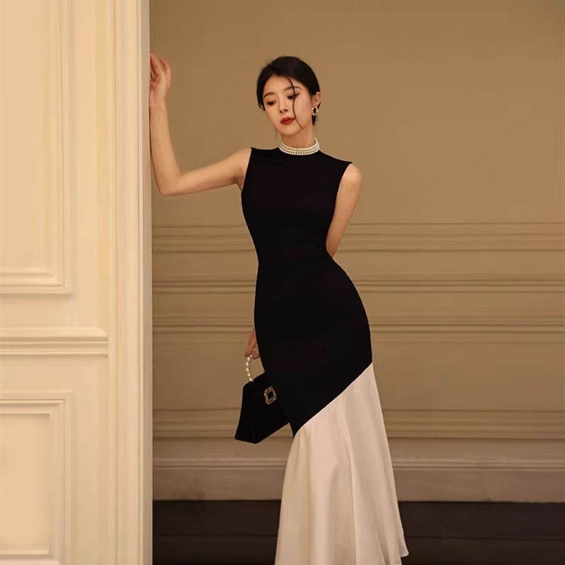 New Black Women's Summer Sleeveless Spliced Slim-Fit Elegant Fish-Tail Knit Maxi Dress