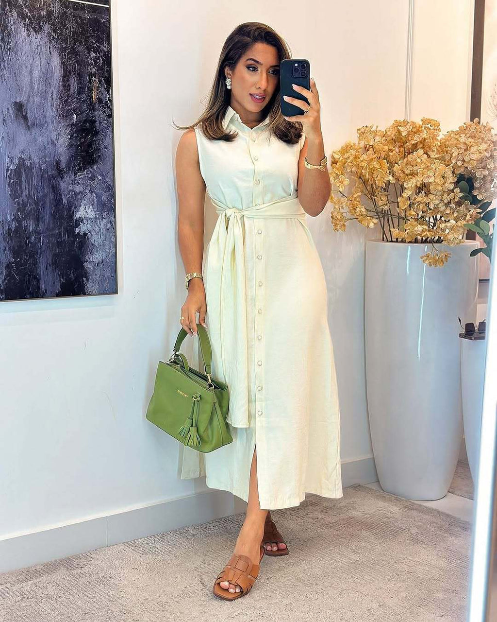 Fashionable Sleeveless Waist-Cinching Shirt Dress For Women
