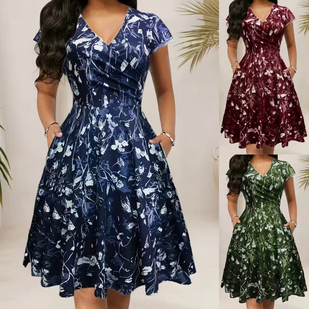 Women's Floral Waist Cinched Short Sleeve V Neck Dress