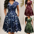 Women's Floral Waist Cinched Short Sleeve V Neck Dress