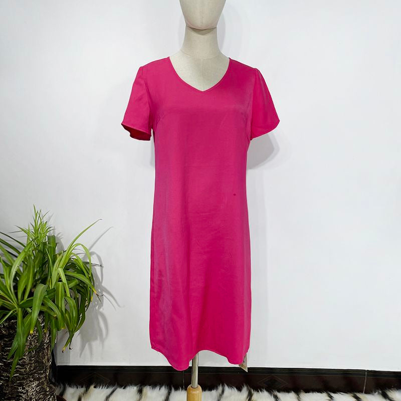 Rose-Red V-Neck Short-Sleeve Dress Loose-Fitting
