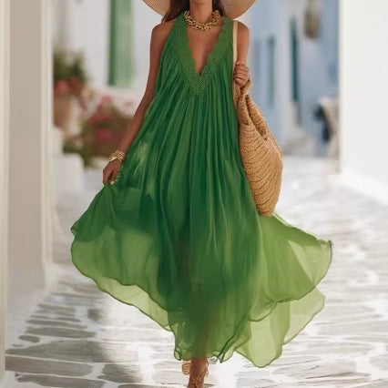 European And American-Style Off-Shoulder Loose-Fit Sleeveless V-Neck Tank Dress