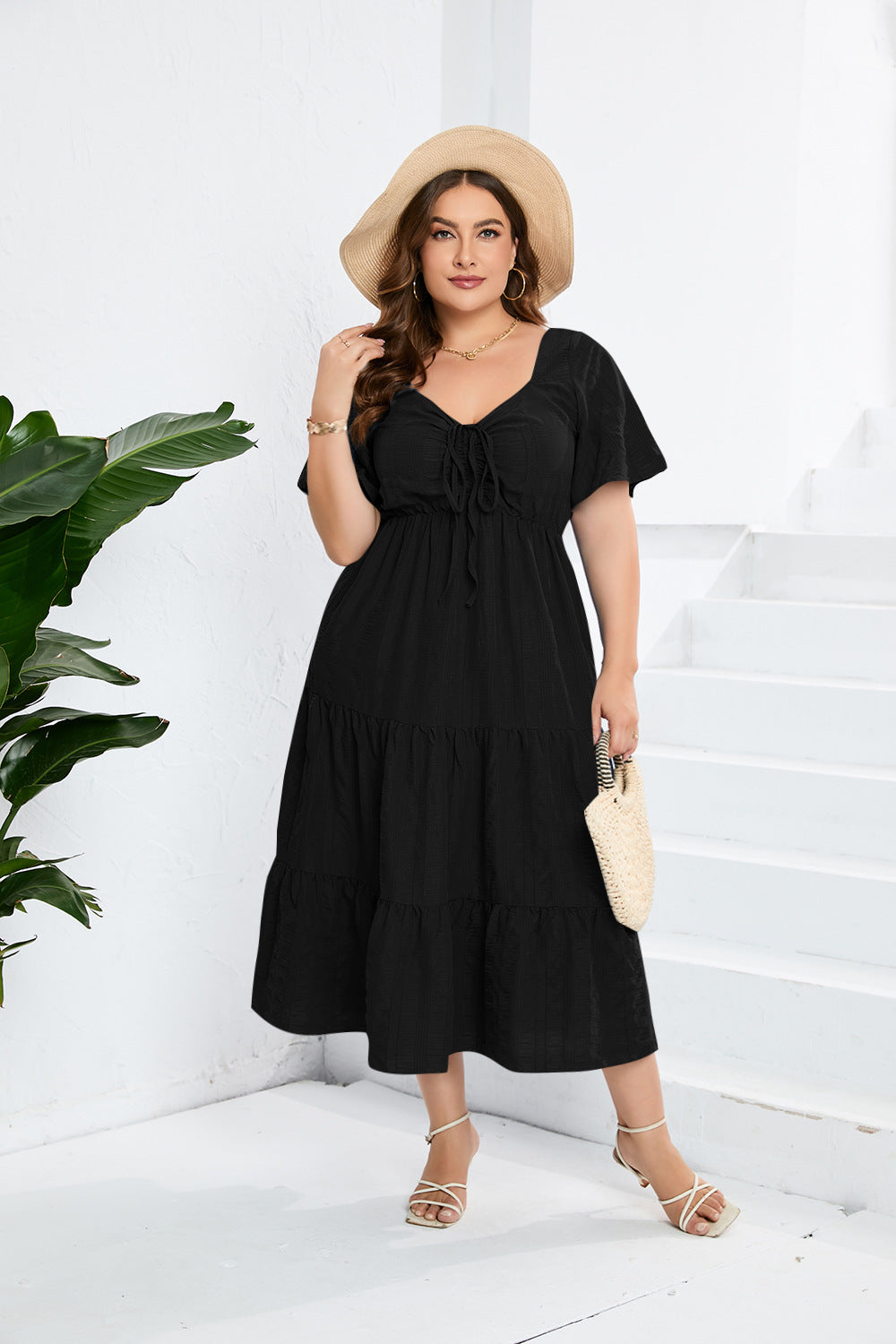 Women's Solid-Color V-Neck High-Waisted Dress