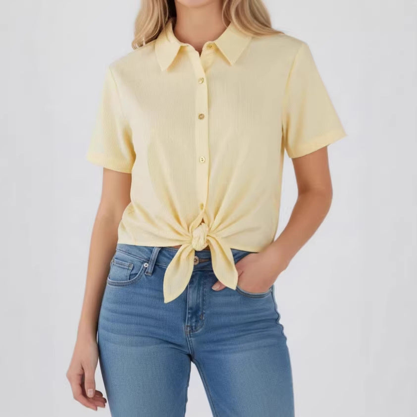 Women's Cropped Short-Sleeve Lapel Blouse