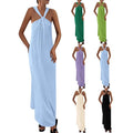 Sleeveless Lace-Up Loose-Fitting Beach Halter Dress With Pockets And An Extra-Long Hem