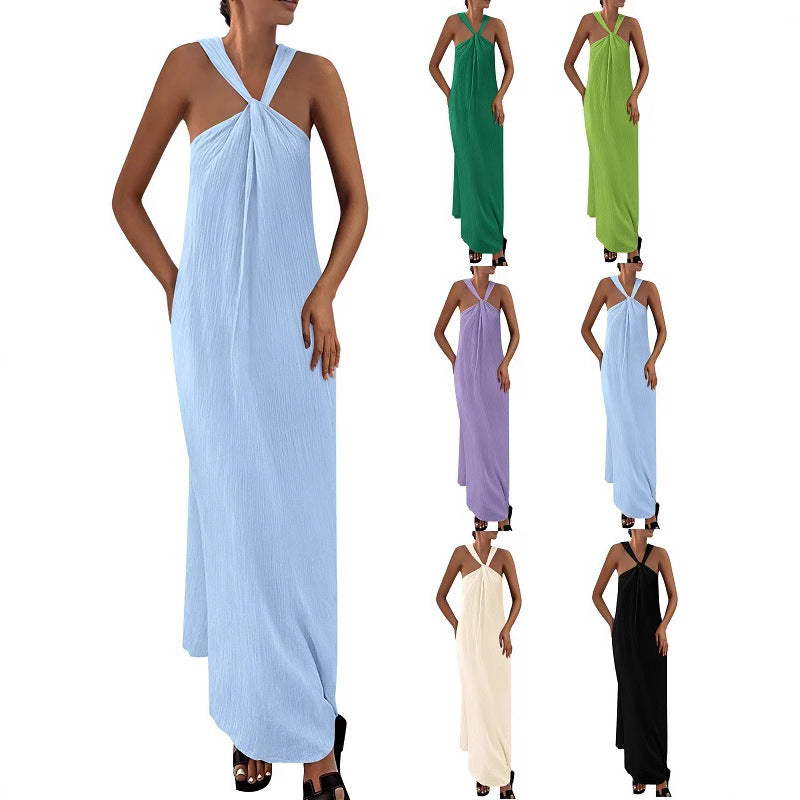 Sleeveless Lace-Up Loose-Fitting Beach Halter Dress With Pockets And An Extra-Long Hem