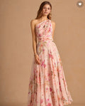 One-Shoulder Floral Print Waisted Sleeveless Maxi Dress