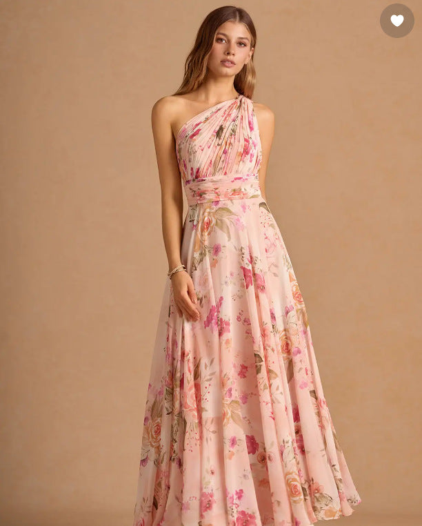 One-Shoulder Floral Print Waisted Sleeveless Maxi Dress