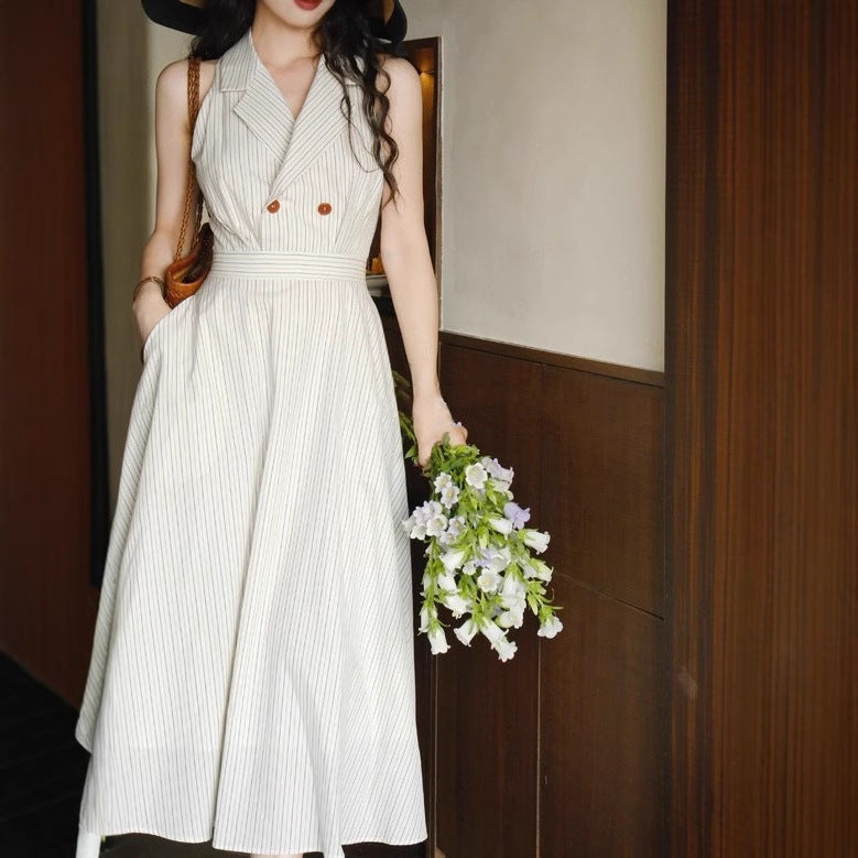 Retro Halter-Neck Waist-Cinched Striped Shirt Dress