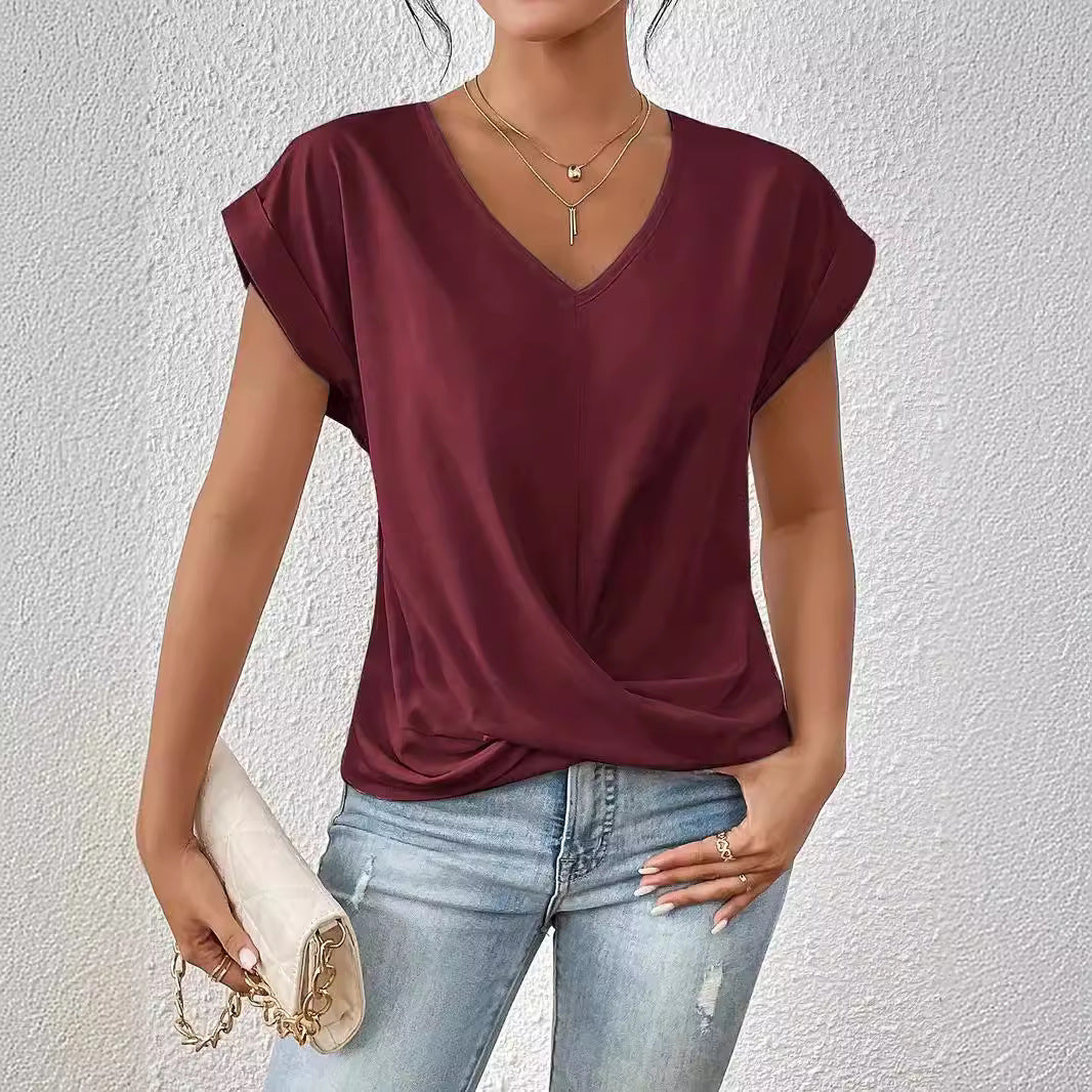 Women's Springsummer Solid Color V Neck Short Sleeve Top