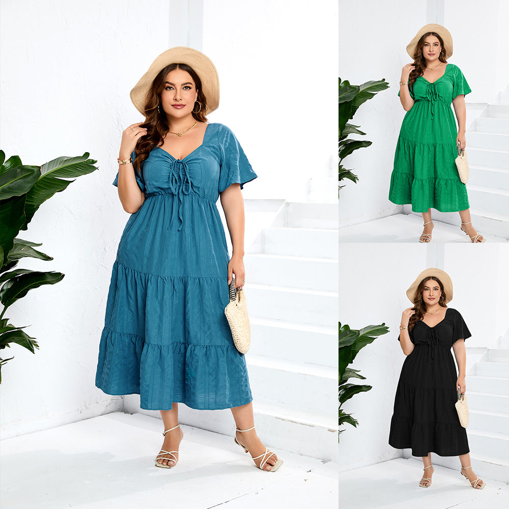Women's Solid-Color V-Neck High-Waisted Dress