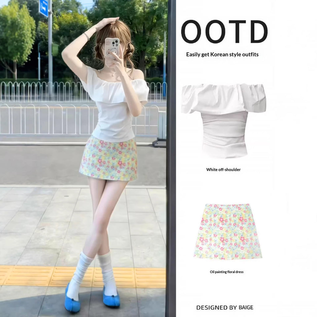 French-Style Off-Shoulder Ruffled Short Sleeves