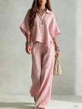 Loose Fit Linen Blend Collared Shirt & Wide Leg Pants Two-Piece Set