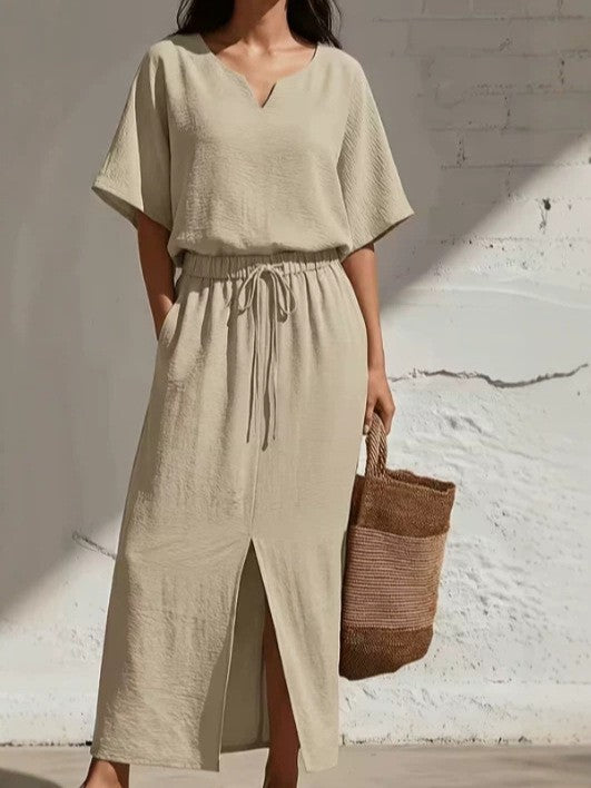 Boho Batwing Sleeve V-Neck Top & Split Wide Leg Maxi Skirt Two Piece Set