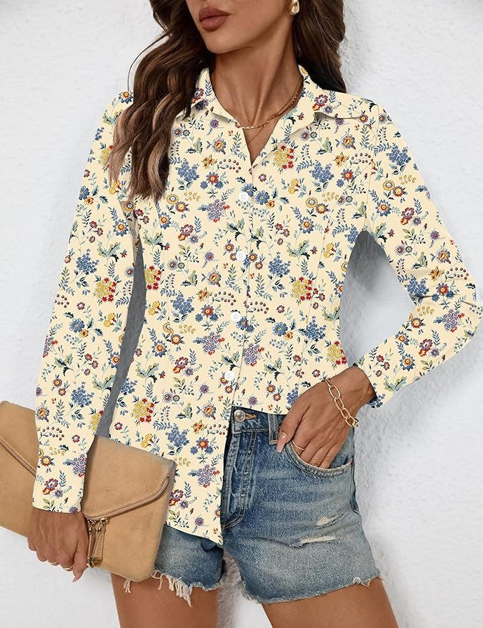 Chic Women's Long-Sleeve Blouse With A Notched Collar And A Fashionable Print