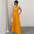 Women's Solid-Color French-Style Halter-Neck Waist-Cinching Wide-Leg Jumpsuit