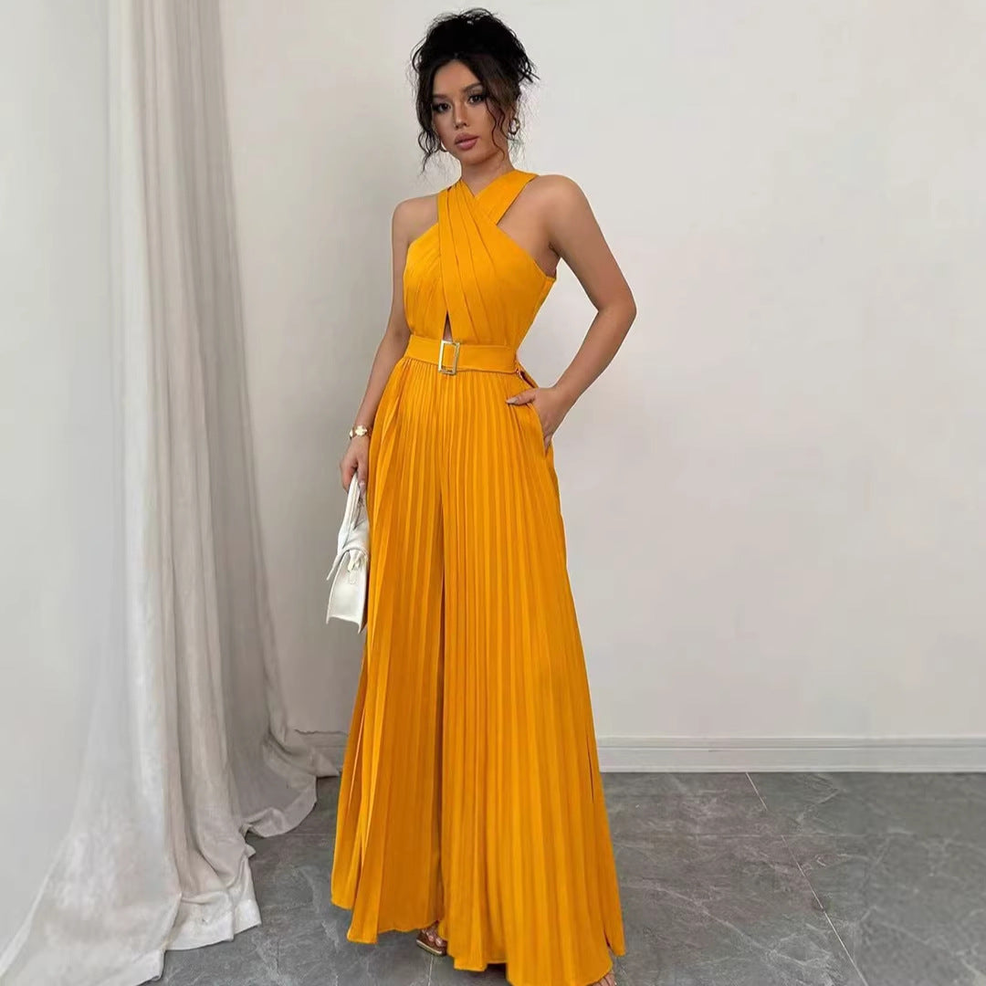 Women's Solid-Color French-Style Halter-Neck Waist-Cinching Wide-Leg Jumpsuit